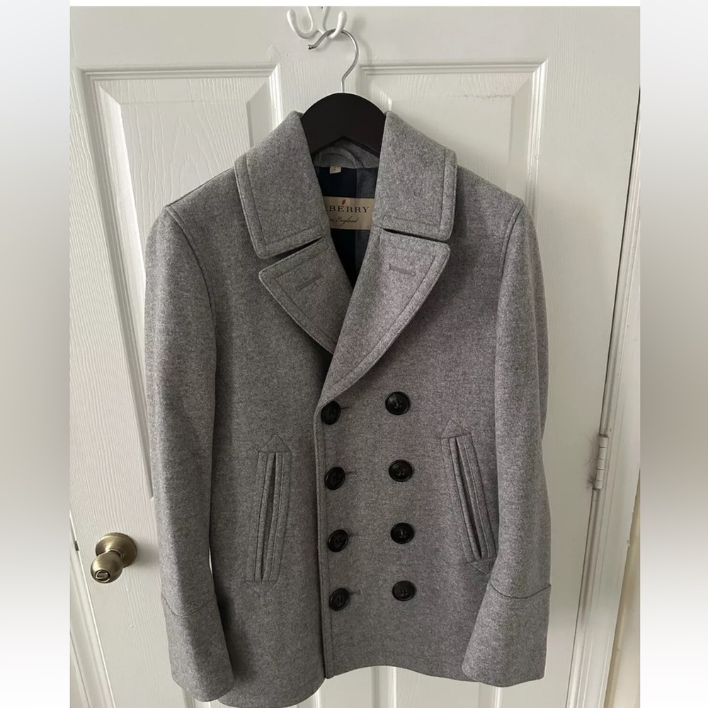 Burberry Brit Mens Wool Peacoat Size Small Gray Double Breasted Jacket